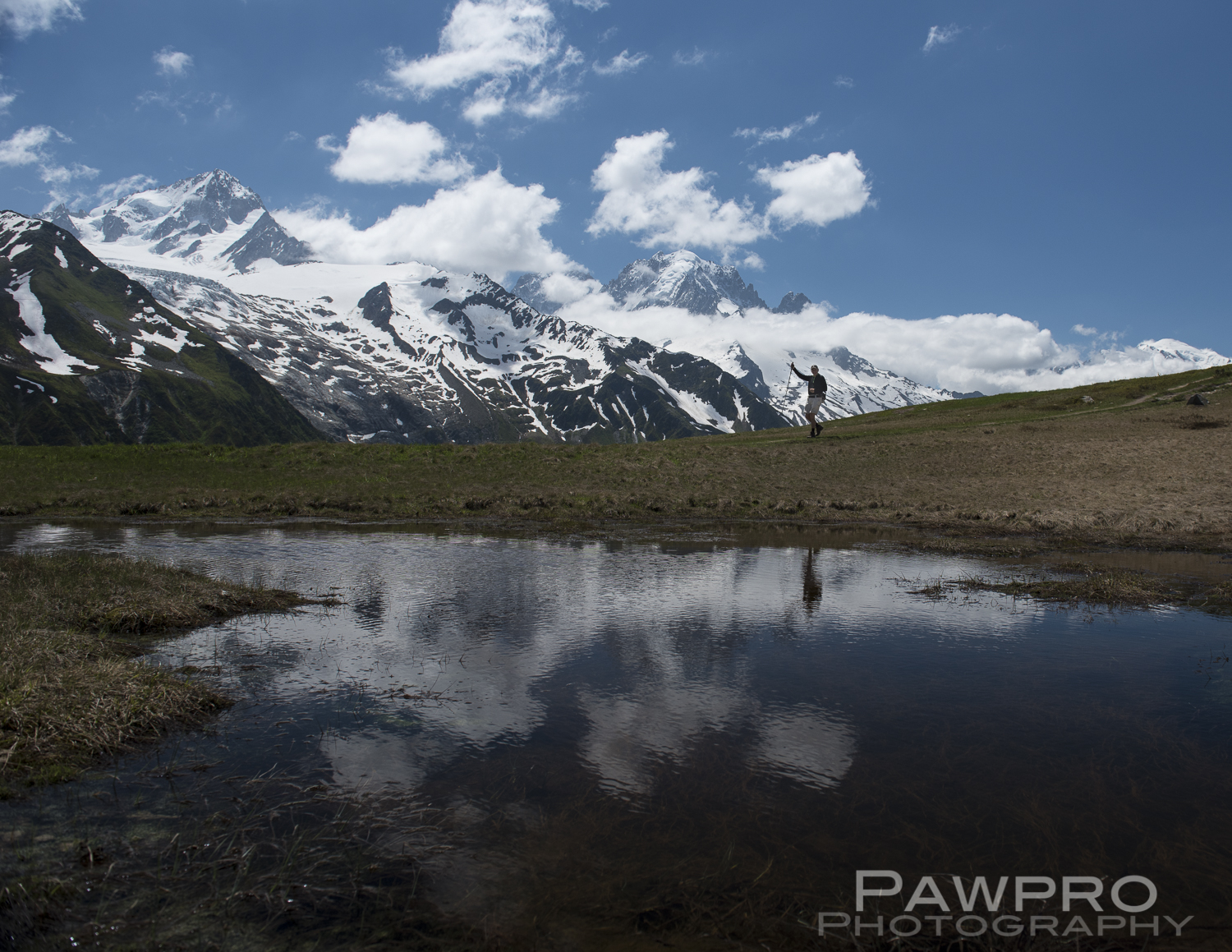 Alpine reflecting pool along TMB, Mont Blanc in the background